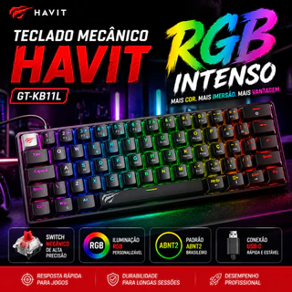 Teclado Mecânico Gamer Havit GT-KB11L RGB USB-C ABNT2 Alta Performance Vermelho Profissional