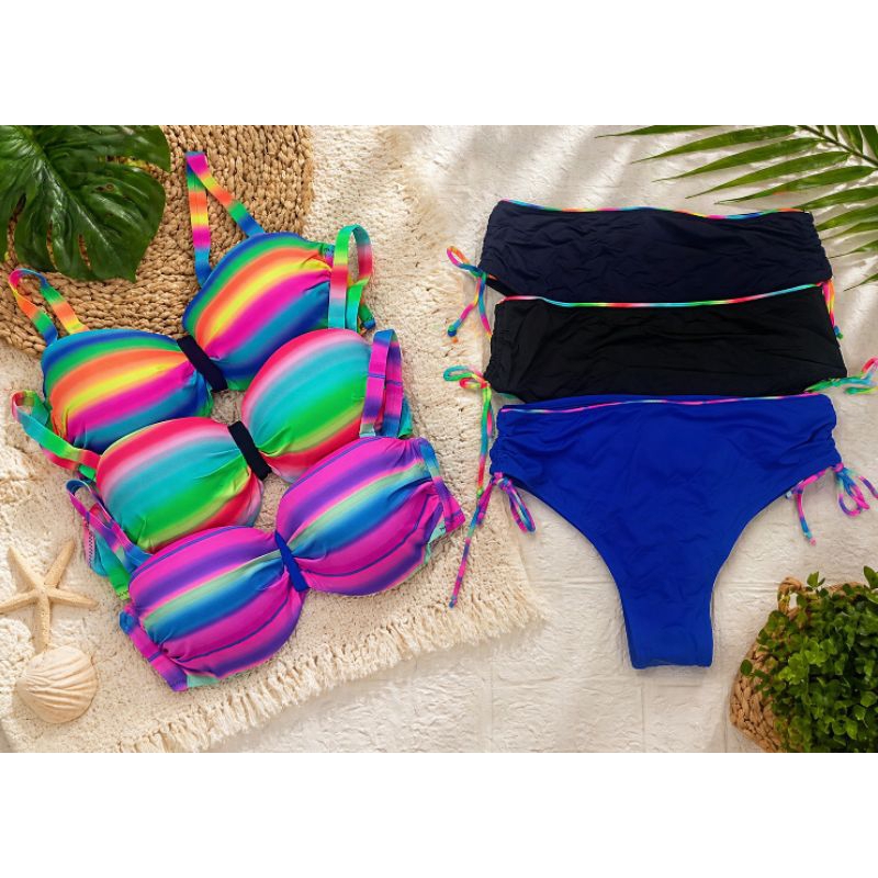 Plus Size Rainbow Two Piece Swimsuit Rainbow Stripe Retro Pin Up
