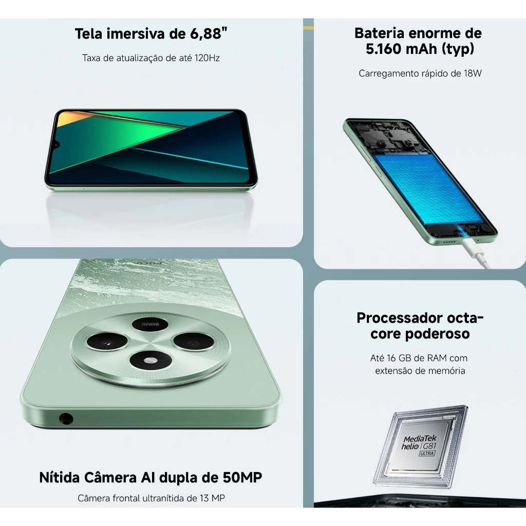 Infográfico do Poco C75 destacando a tela, bateria, câmera de 50MP e processador octa-core