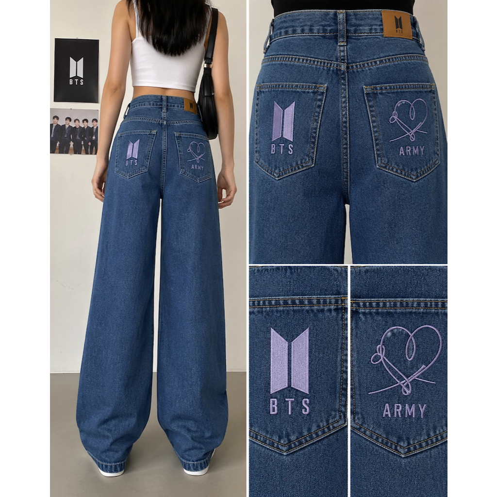 Calça Jeans Wide leg Cintura Baixa Feminina Grupo Kpop Jungkook