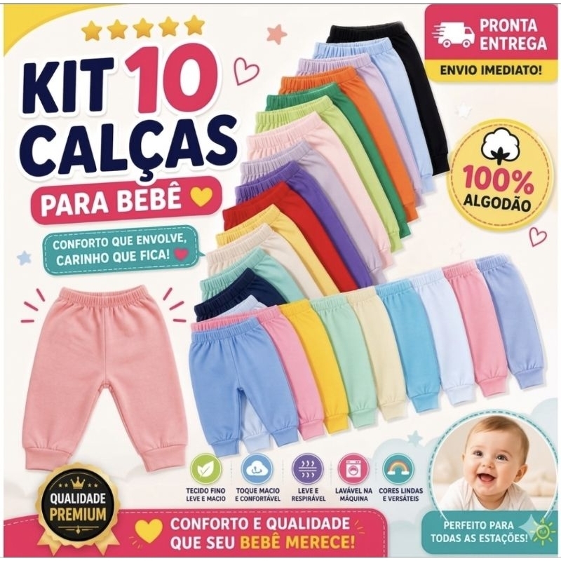 10 Mijão Calça roupa de Bebê  Malha 100% algodão sem pé Lindas cores RN, P, M, G, GG