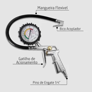 Calibrador de Pneus Pneumático Com Manômetro Bico Forte