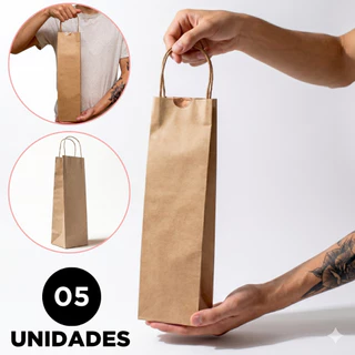 5 Sacolas Kraft 10X10X40 Cm Off Set Garrafas Vinho Bebidas Whisky Vodka Espumante Cachaça Tequila