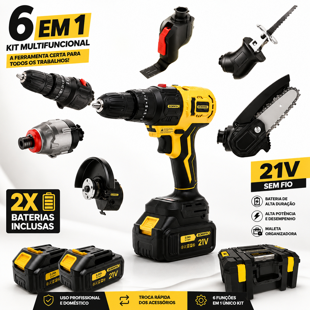 Kit 6 em 1 Parafusadeira Furadeira Motosserra 21V Sem Fio