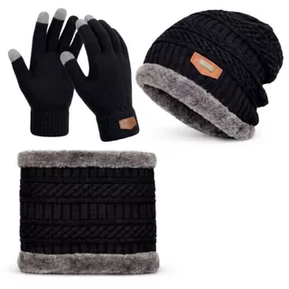 Kit 3 Peças Preto Conjunto Inverno Touca+ Cachecol+ Luva Mexe Celular Touchscreen Unissex