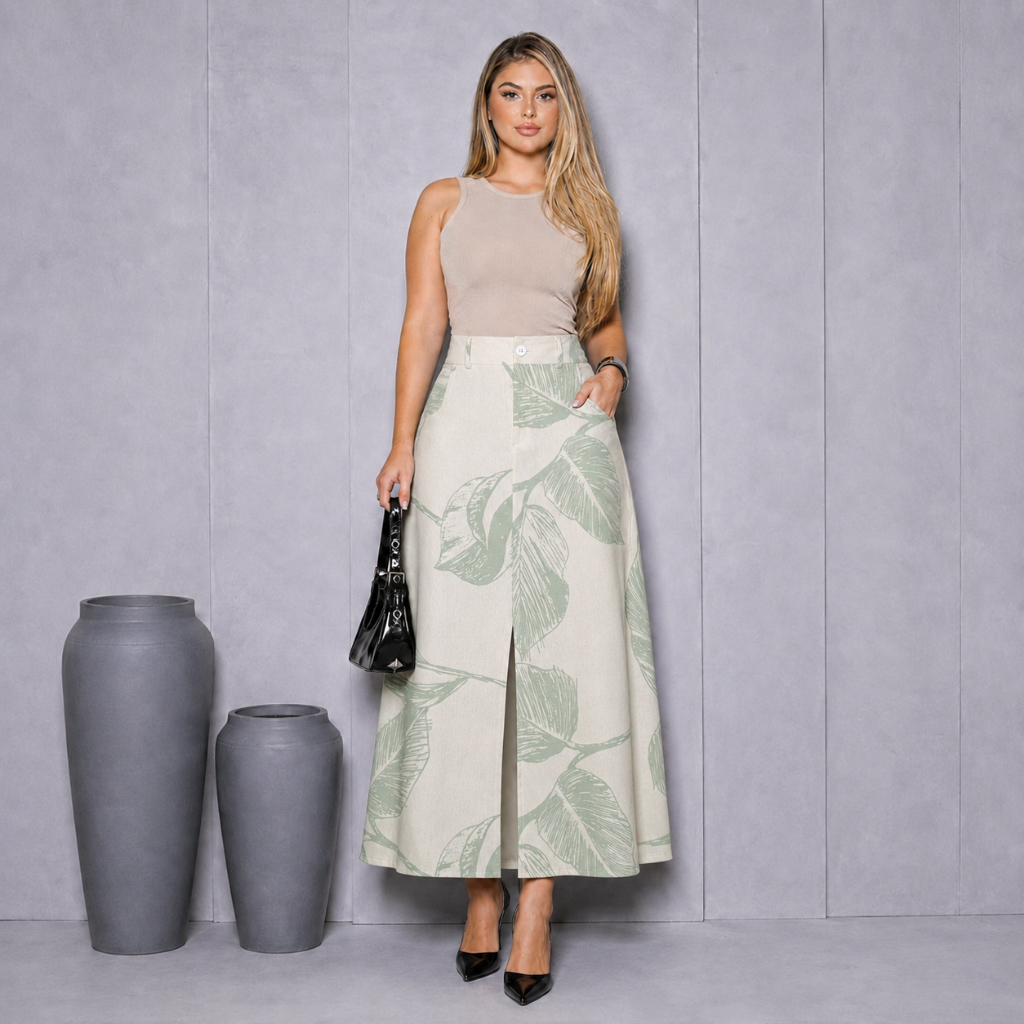 Saia midi em linho com fenda cintura alta