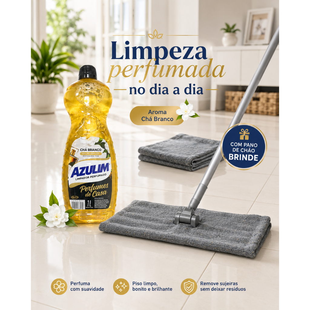 Desinfetante Limpa Piso Perfumado Chá Branco + Pano de Chão Brinde