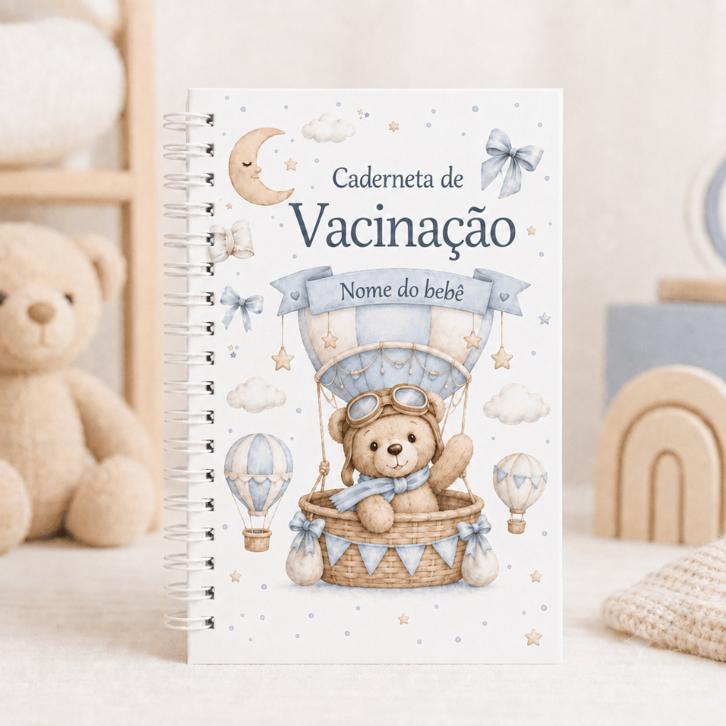 Caderneta de Vacinação do bebê Personalizada com Nome - Ursinho Baloeiro