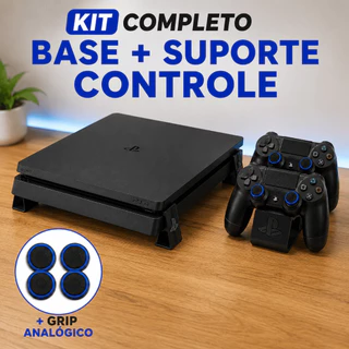 Kit Base Pezinho Horizontal Plasystation 4 + Suporte Duplo Controle PS4 + Grip