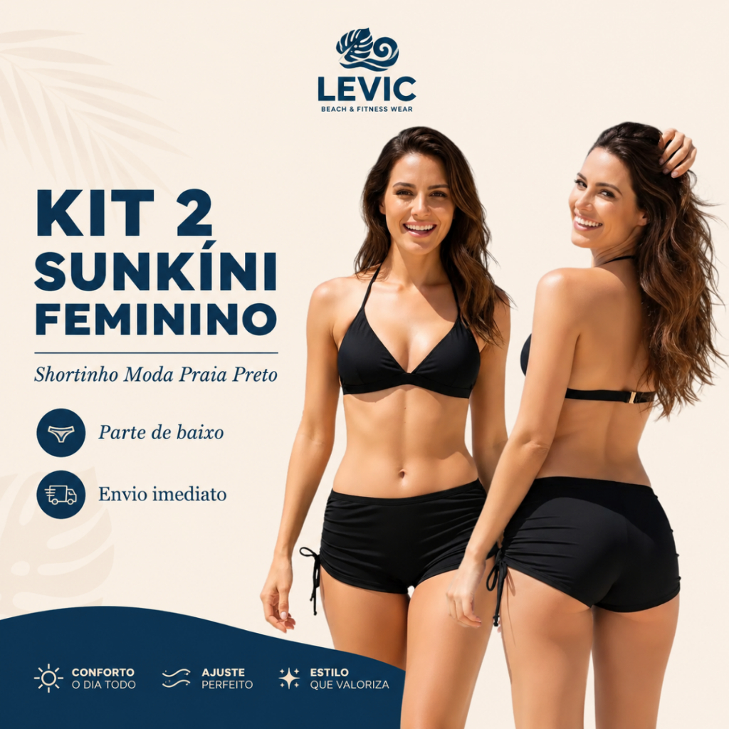 Kit 2 Sunkíni Feminino Shortinho Verão Moda Praia Parte De Baixo Preto