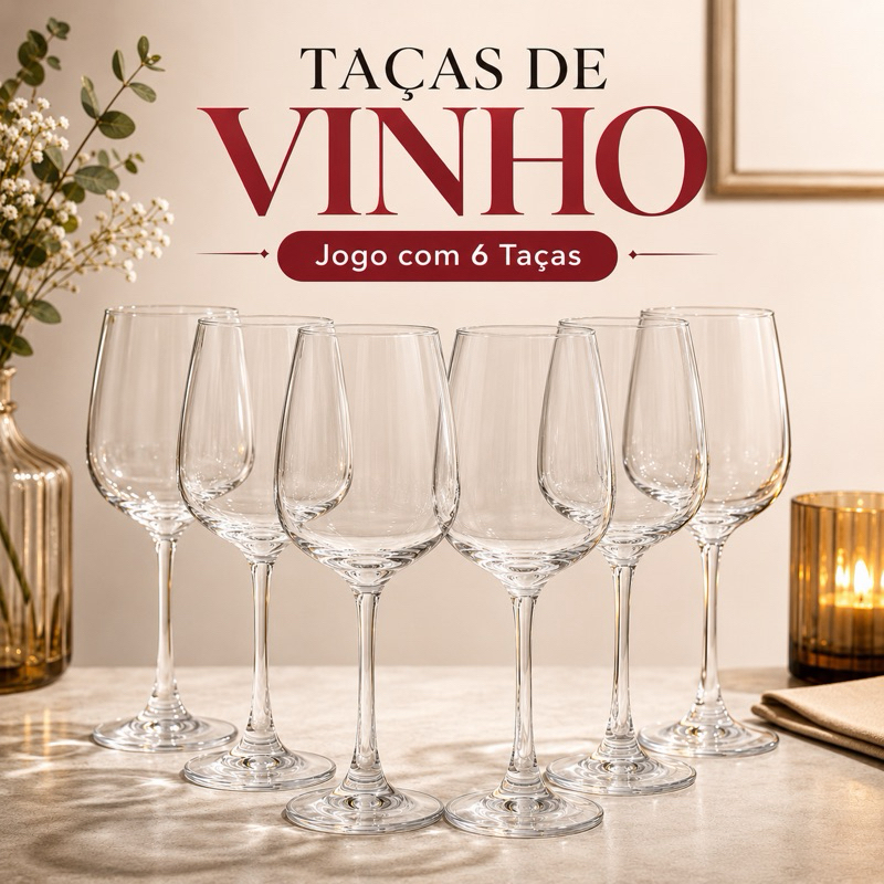 Jogo 6 Taças de Vinho 360ml Vidro Transparente Taça para Vinho Mesa Posta Jantar Festas Elegante