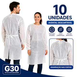 Kit 10 Aventais Descartáveis TNT G30 Branco Manga Longa Capote