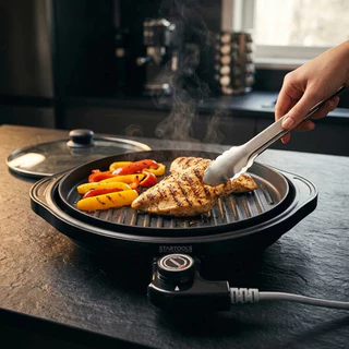 Grill Elétrico Redondo Premium com Termostato Grelhador Churrasqueira Saudavel