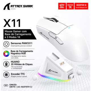 Mouse Gamer Attack Shark X11 Sem Fio 3 Modos 22000 DPI 400IPS com Base de Carregamento Magnética RGB