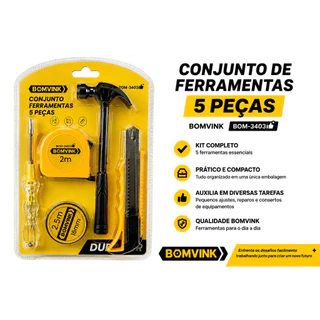 Conjunto de Ferramentas Bomvink BOM-3403 Kit com 5 Peças Trena Martelo Canivete e Fita Isolante
