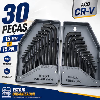 Kit Chaves Allen 30 Peças Aço Cromo Vanadium Milímetro E Polegada Formato L Profissional