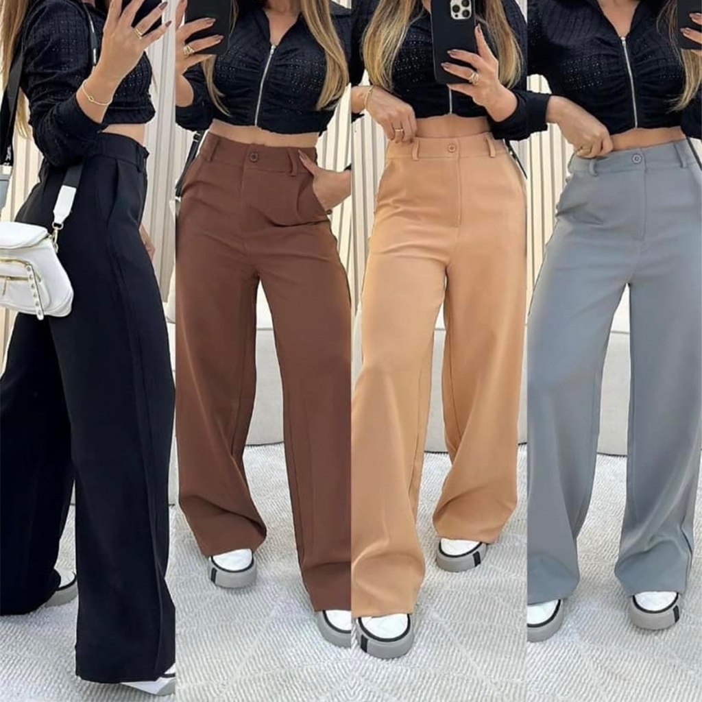 Calça Pantalona Alfaiataria Premium Cintura Alta Com Bolso Com Cinto PROMOÇÃO
