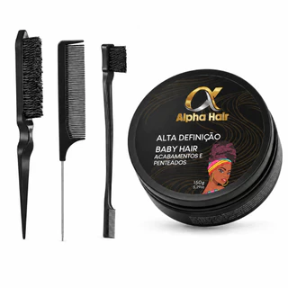 Pomada Modeladora Alpha Hair/Premium 150g para Baby Hair + Kit 3 Pentes Afro – Cores Sortidas