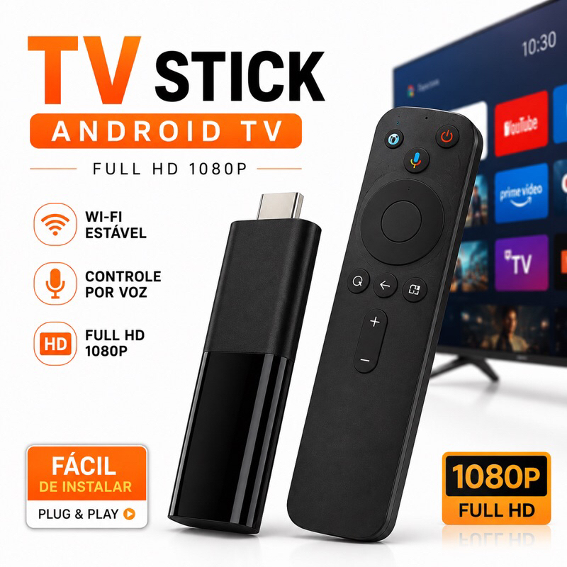 TV Stick Smart Android Tv Box Full HD 1080p Wi-Fi HDMI Controle de Voz