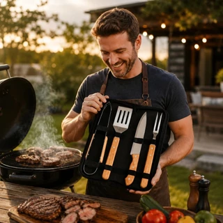 Kit de Churrasco Conjunto de 2/4 Peças Aço Inox Com Estojo Churrasqueiro Presenteável Cozinha Moderna