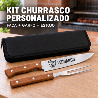 Kit Churrasco Personalizado 3 Peças Faca Garfo e Estojo Gravação a Laser Nome Time Logo Profissão