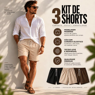 Kit 3 Shorts Linho Premium Casual Bermuda Mauricinho Curta Moda Praia Verão