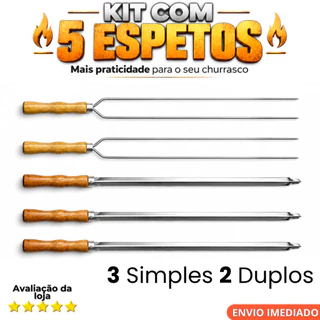 Kit 5 Espetos para Churrasco Premium Inox com Cabo de Madeira – Qualidade Acabamento Profissional