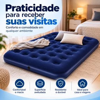 Colchão Inflável Casal Aveludado Para Casa Camping Viagem Super Resistente Confortavel Bomba