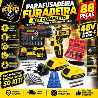 Kit Parafusadeira 88 Peças Parafusadeira/Furadeira/Martelete 48V 2 Baterias + Jogo de Soquetes + Chave combinada 12 Peça