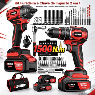 Kit Ferramentas Elétricas ALSONEW 48V Sem Escovas Chave de Impacto e Furadeira Sem Fio 2 Baterias + Acessórios Completos