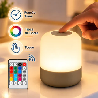 Abajur Touch LED 3 Cores e RGB Recarregável com Luz Quente Fria e Colorida
