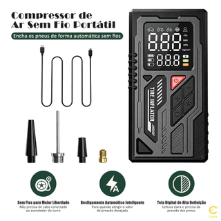 Compressor de Ar Portátil Sem Fio Digital Inflador de Pneus Carro Moto Bike com Bateria Recarregável e Power Ban
