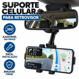 Suporte Retrovisor de Celular Para Carro Central Extensível Giro 360º Facil Instalação Todos Celular
