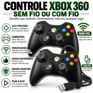 Controle Xbox 360 Sem Fio e Com Fio Preto Wireless Joystick Para Computador Ps3 e Android