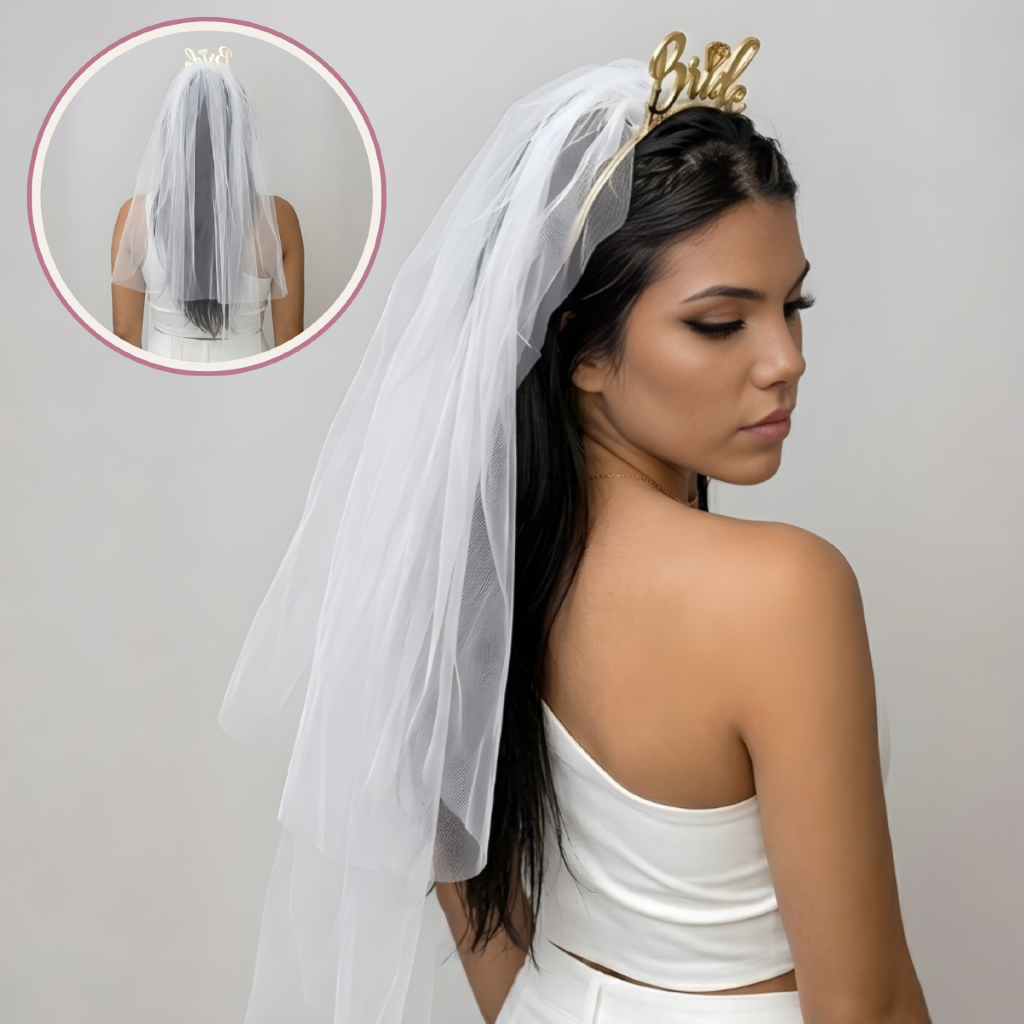 Véu Tiara Bride Dourada Dupla Camada Noiva Noivado Despedida de ...