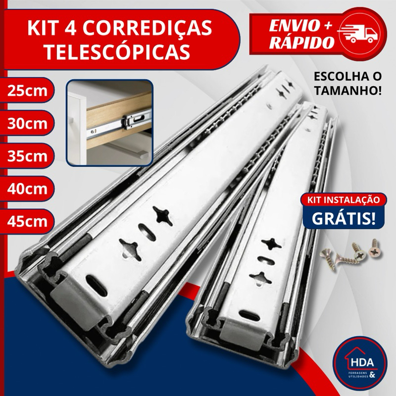 Kit 4 Corrediças Telescópicas Light Gaveta Aço Trilho Com Parafusos 25cm 30cm 35cm 40cm 45cm Reforço