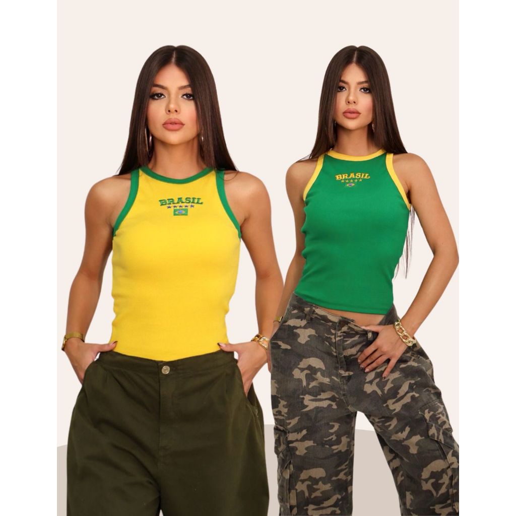 Regata Brasil Chic Bandeira Ribana Premium com Bordado Frontal Valoriza o Corpo Copa do Mundo em Oferta na Shopee