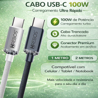 Cabo USB-C Tipo C 100W HREBOS Premium Trançado Nylon Luxury Acrylic – Turbo 1m/2m (Grafite/Branco)