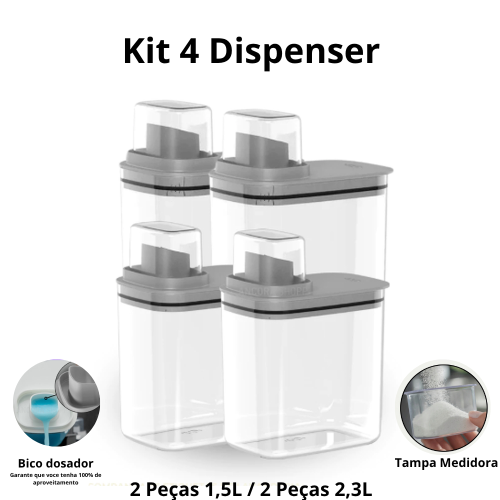 Kit 4 Peças Dispenser Flow 1,5 E 2,3 Litros Sabão Líquido Amaciante Produtos Limpeza Lavanderia