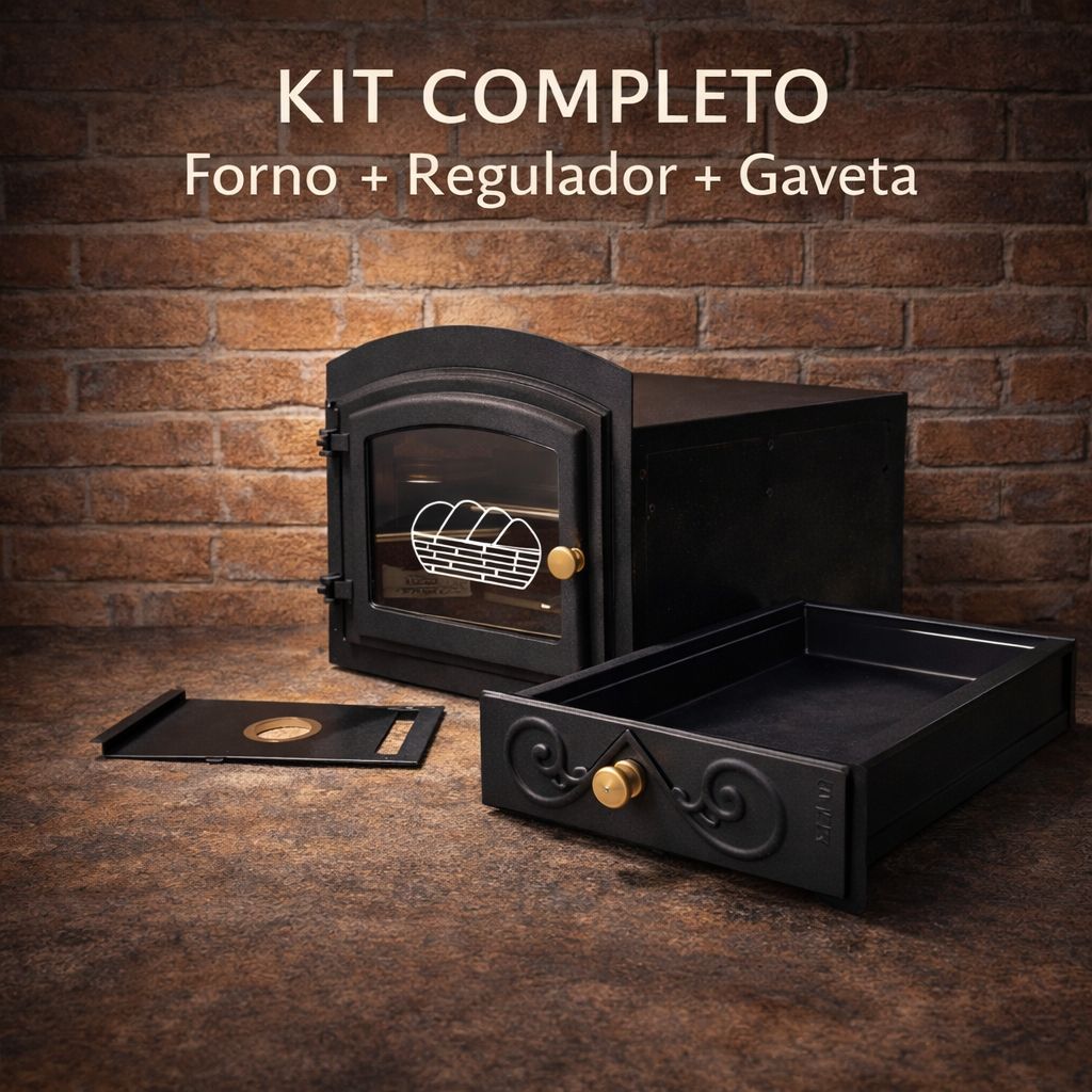 Kit Forno P/Fogão a Lenha Arqueado C/ Vidro G + Gaveta Ferro