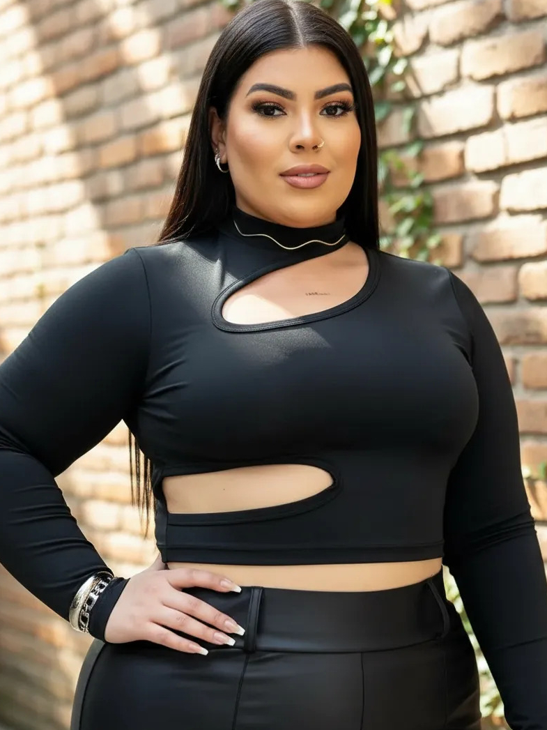 Cropped Feminino Plus Size Suplex Manga Longa com Recortes Tendencia ...