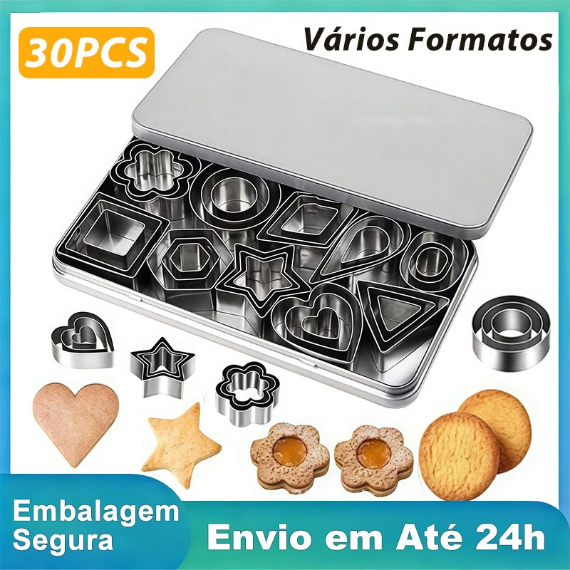 Conjunto 30 Cortadores de Biscoito Aço Inoxidável Formas Var