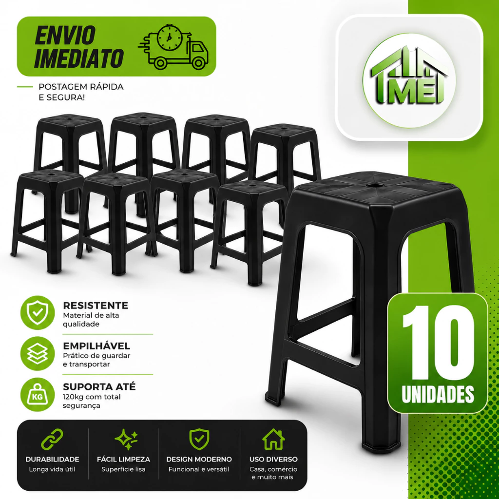 10 Unidades Banqueta Plástica Preta Resistente Empilháveis Adulto Kit Suporta Até 120Kg