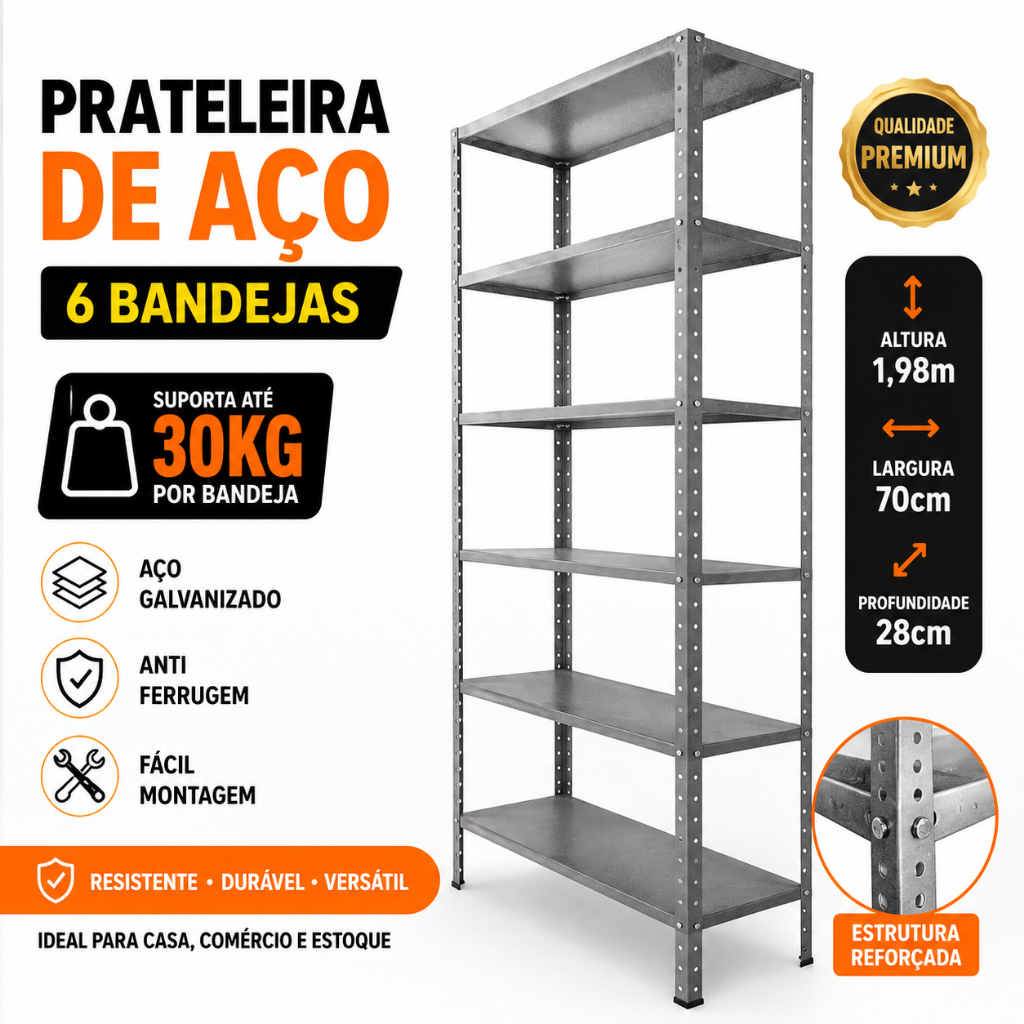 Prateleira Estante De Aço Galvanizado 198x70 Com 6 Divisória