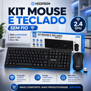 Kit Teclado e Mouse Sem Fio Preto USB para PC, Notebook e Escritório - Conexão Estável e Design