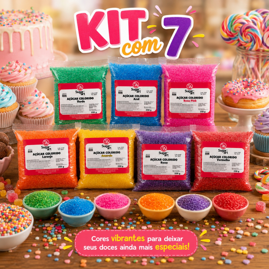 Kit 7 Açúcar Cristal Colorido Azul Vermelho Confeito Decoraç
