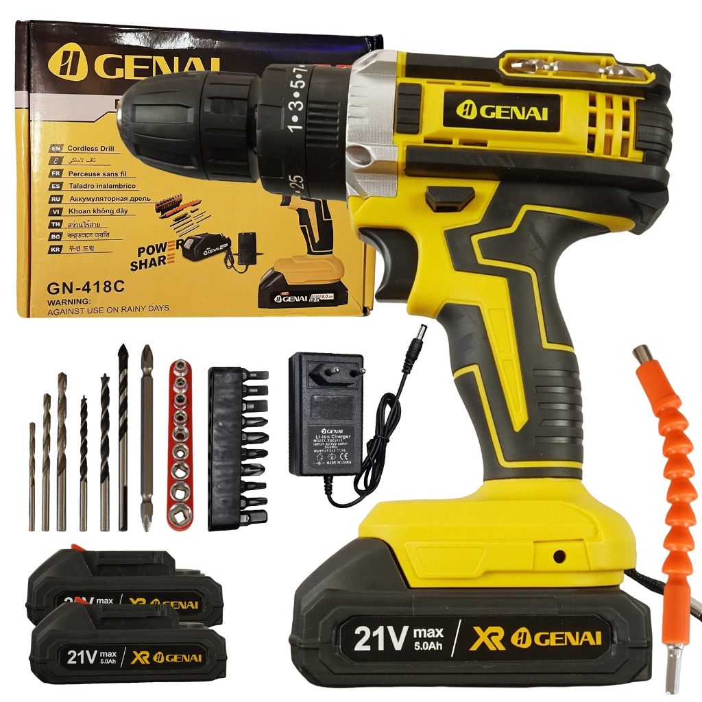 Kit Furadeira e Parafusadeira 21V 5.0Ah com 2 Baterias + Acessórios