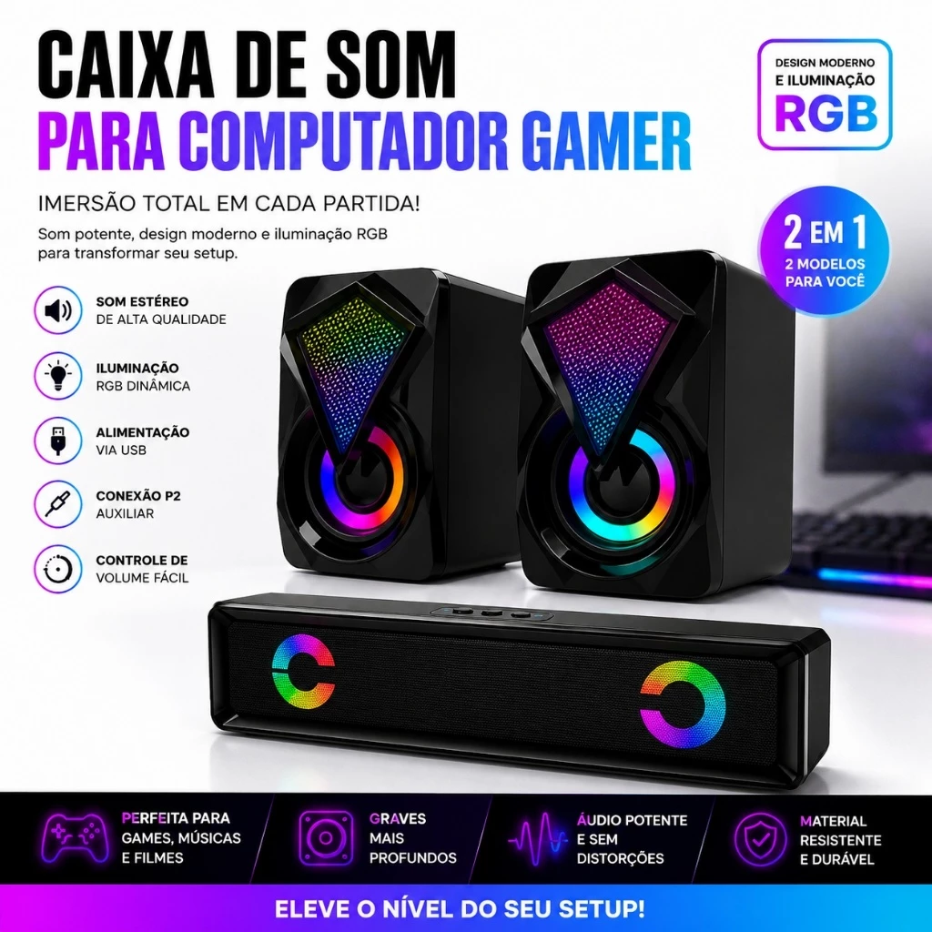 Caixa De Som Para Computador Pc Notebook 6w Led RGB Gamer Caxinha Alto Falante