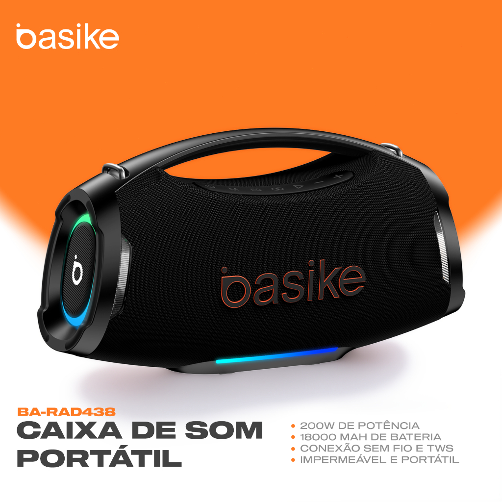 Caixa de Som Bluetooth Basike Boombox 200W 18000mAh IPX6 à prova d'água RGB TWS Graves Potentes