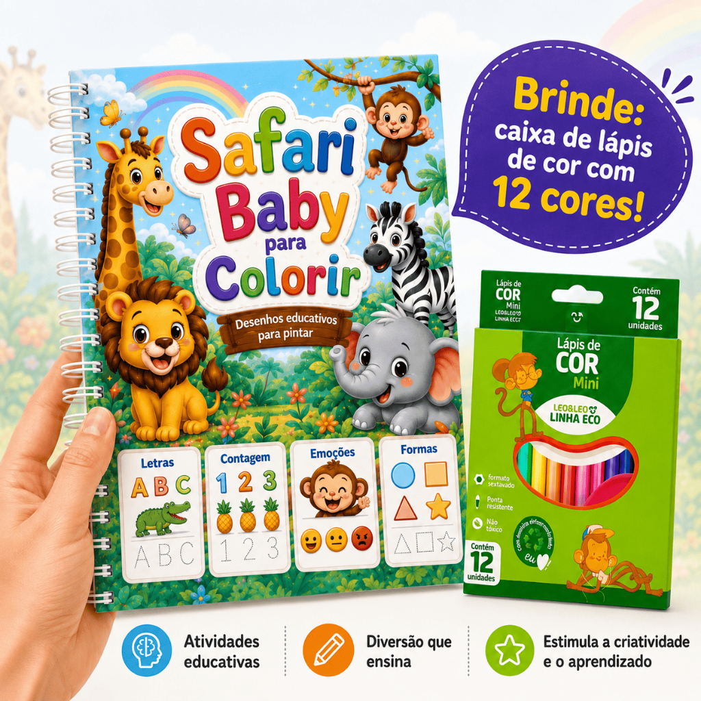 Livro de Colorir Safari Baby para Meninos e Meninas | 50 ou 70 Atividades Educativas Exclusivas